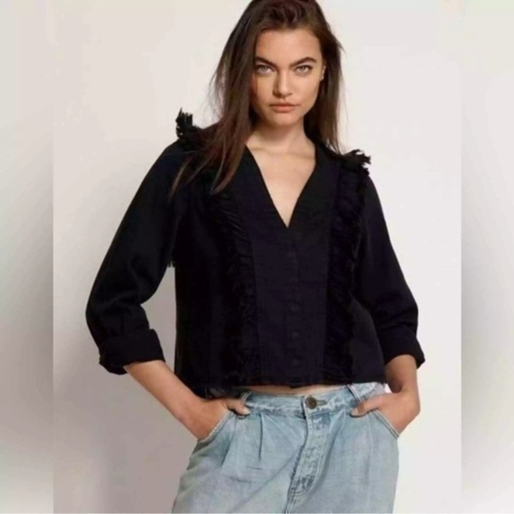 One Teaspoon Fox Black Captain Ruffle Denim Shirt SIZE Small